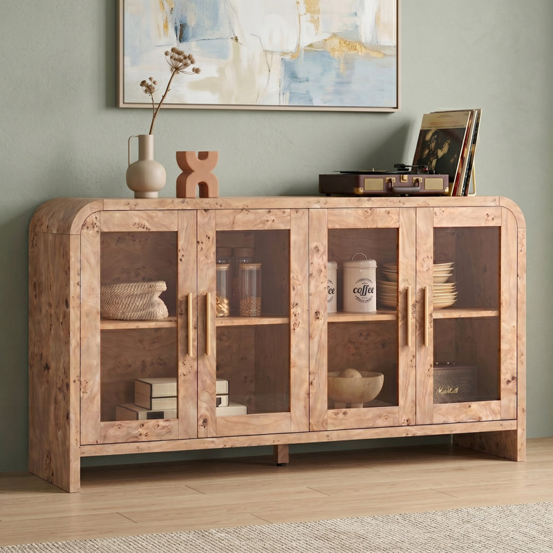Modern Curved Sideboard, Buffet Storage Cabinet, Media Console  With 4 Glass Doors And Adjustable Shelves, Light Burl