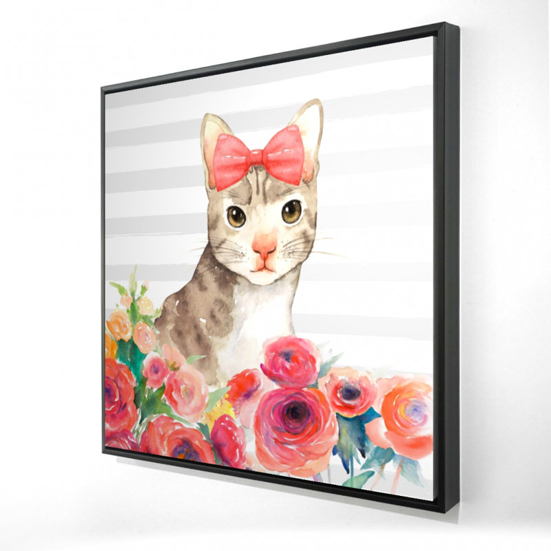 Small Cat with Flowers - Bedroom Pets Framed Canvas Decor