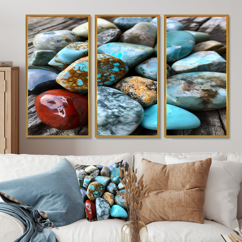 Composition de roches turquoise et turquoise, Cadre flottant doré, H 28 po x l 36 po x P 1 po