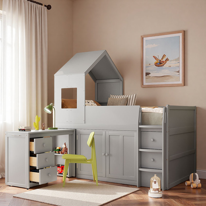 Lit mezzanine en bois avec bureau, tiroirs et armoires, Gris