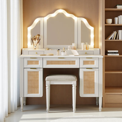 White Makeup Vanity Desk with 13 Hollywood LED Lights, Tri-Fold Mirror, 5 Drawers, Storage Cabinets & Charging Station