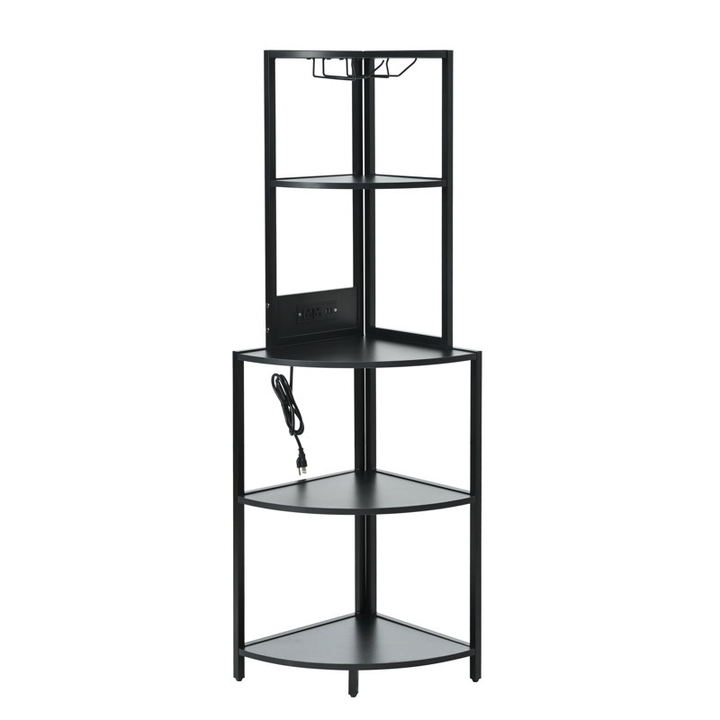 5 Tier Corner Shelf With LED Light And USB Plug, With Glass Holder, Tall Standing Shelf For Wall Corner, Narrow Bookshelf