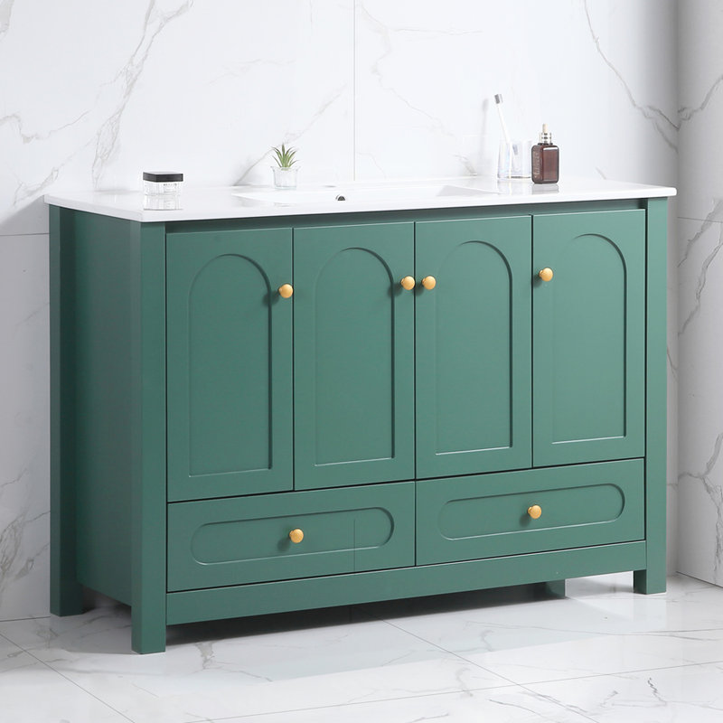 Meuble-lavabo 48 po avec lavabo en céramique - Rangement abondant 4 portes à fermeture en douceur et 2 tiroirs en bois massif pour une apparence moderne fabriquée à partir d'une esthétique contemporaine