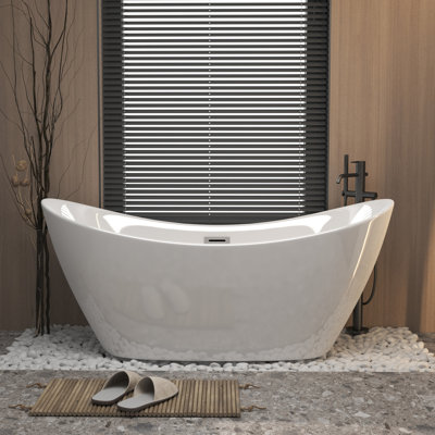 Baignoire autoportante en acrylique blanc brillant avec trop-plein chromé et bonde escamotable