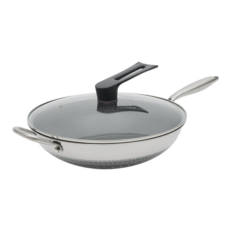 Wok de cuisson antiadhésif à double face en acier inoxydable avec couvercle