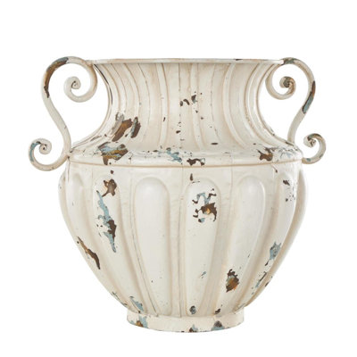 Cipolla Metal Vintage Amphora Scroll Decorative Cream Vase with Brown, Teal and Scroll Handles