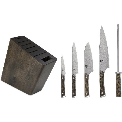 Shun Kanso 6 Piece Block Set, Includes 8" Chef, 3.5" Paring, 6" Utility, 5.5" Santoku Knives & More, Handcrafted Japanese Knife Set, AUS10A Stainless Steel Blades, Tagayasan Handles