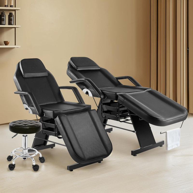 Fauteuil tatoo pour client, lit pour le visage avec tabouret hydraulique, table de massage Lash avec 2 plateaux, lit à cils noir polyvalent pour équipement de salon de beauté Spa, noir