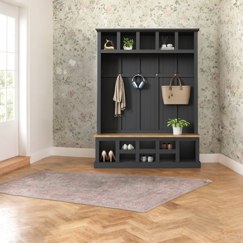 Calisto Hall Tree with Bench Entryway Shoe Cabinet with Hooks and Shoe Storage, Black