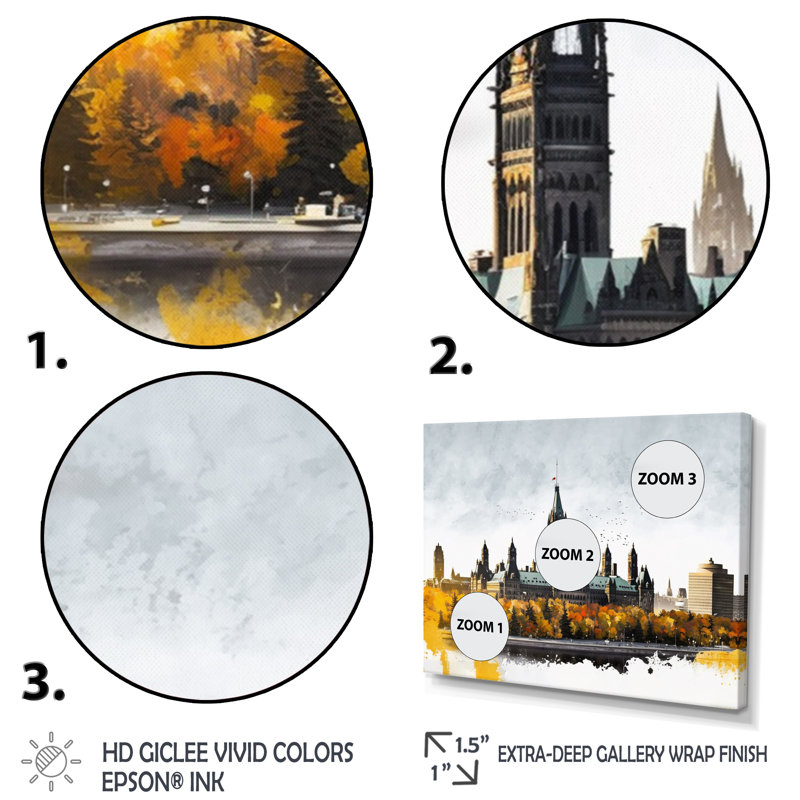 Ottawa in the Fall I - reproduction sur toile, Cadre flottant doré, H 16 po x l 32 po x P 1 po