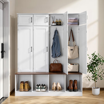 Arbre d'entrée avec banc et rangement pour chaussures, 59 po de large, arbre d'entrée 4 en 1 avec banc, crochets suspendus, armoire de rangement et armoire à chaussures, meubles en bois pour vestibule, vestibule, couloir, blanc