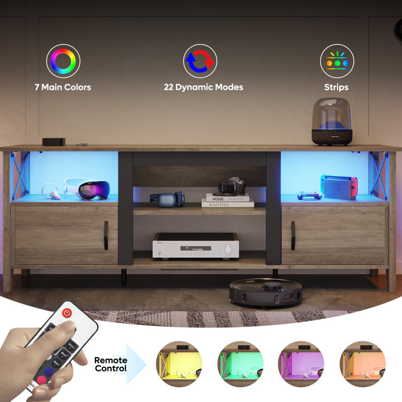 Wash Gray Farmhouse TV Stand with LED Lights and Storage Cabinet
