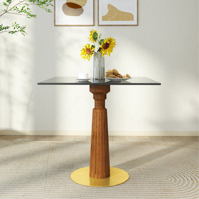Table de salle à manger moderne, table en verre trempé de 33,5 po avec pieds en bois et base dorée, table de cuisine pour 2 personnes pour petit espace, capacité de poids de 150 lb (seulement la table de Négociation)