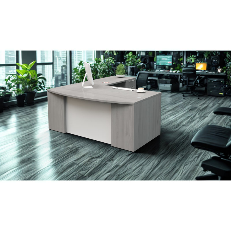 City View Executive L-Shape Bow Front Desk with Storage and Frosted Glass Accents, Grey Oak