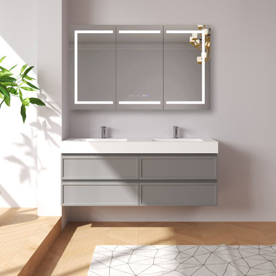 59'' Fully Assembled Wall Mounted Double Bathroom Vanity With Solid Surface Sink