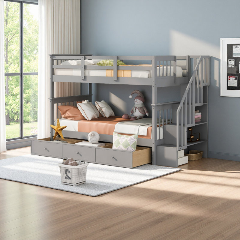 Lit superposé simple au-dessus de simple avec trois tiroirs pour chambre à coucher, dortoir Stairway, Gris
