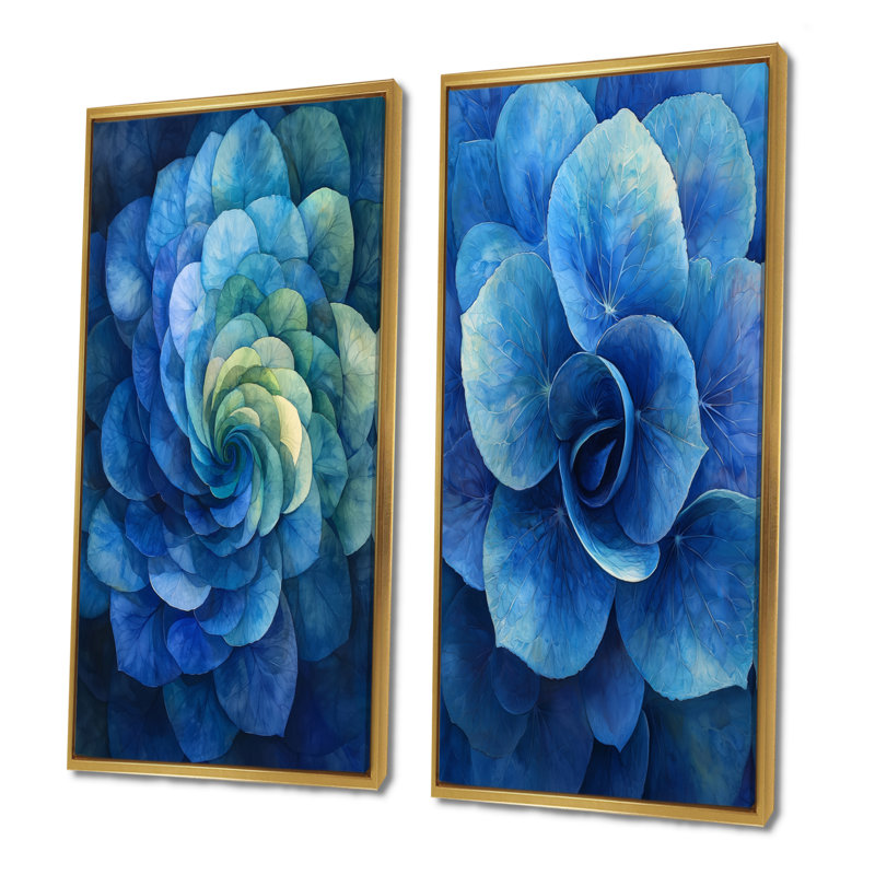 Hortensia bleu et vert vortex I - impressions sur toile florales 2 pièces, H 40 po x l 41 po, Cadre flottant doré