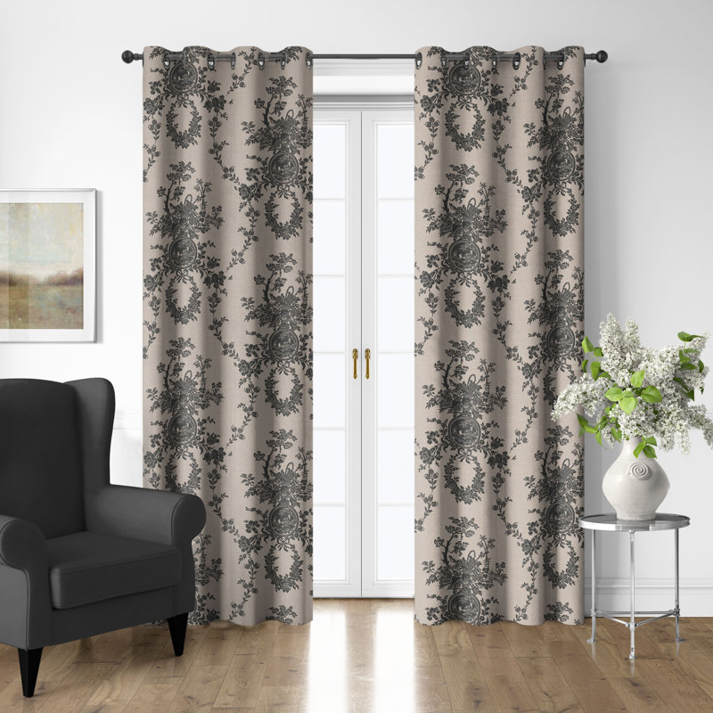 Country Lane Toile Ebony Cotton Grommet Top Drapery Panel Set of 2, 50" W x 84" L