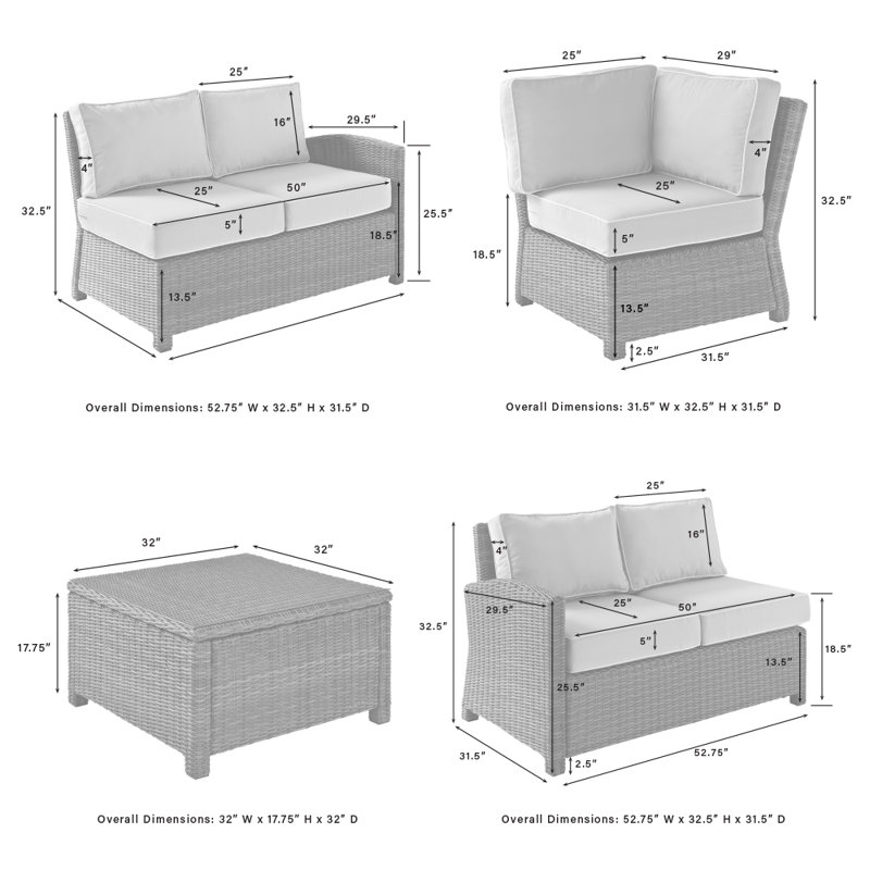 Ensemble de conversation modulaire en osier avec coussins 4 pièces Leandra, Sable, Brun