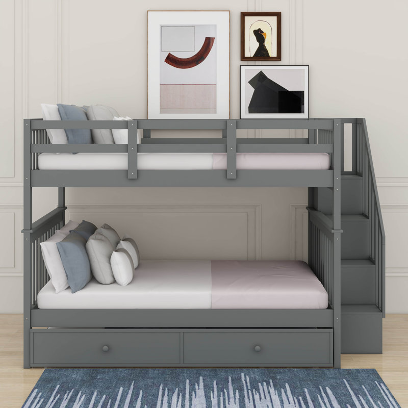 Full Over Full Bunk Bed With Trundle, Gray