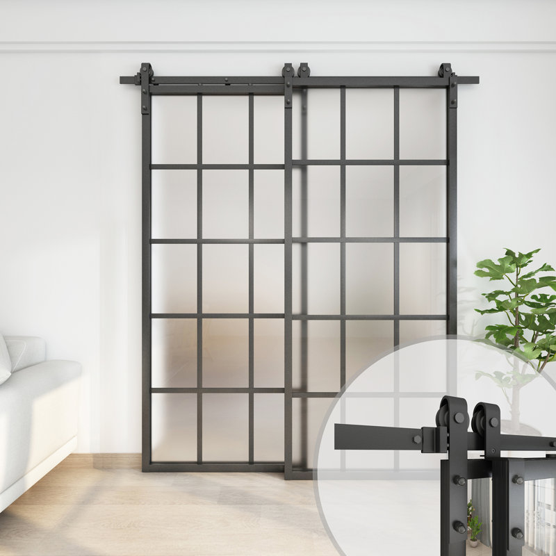 Double Glass Bypass Barn Door with Installation Hardware Kit, 72" x 84", Frosted