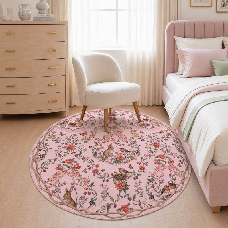 Tapis antidérapant de style forêt pastorale avec lapin et fleurs, en vison d'eau douce, Pink, Round