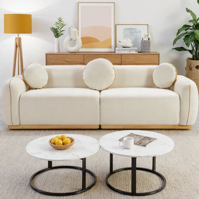 90.94" Modern 3-Seater Sofa, Upholstered Curved Couch with 3 Round Accent Pillows, Sleek Profile Sofa for Living Room, Home Theater, Den, Guest Room and Compact Spaces