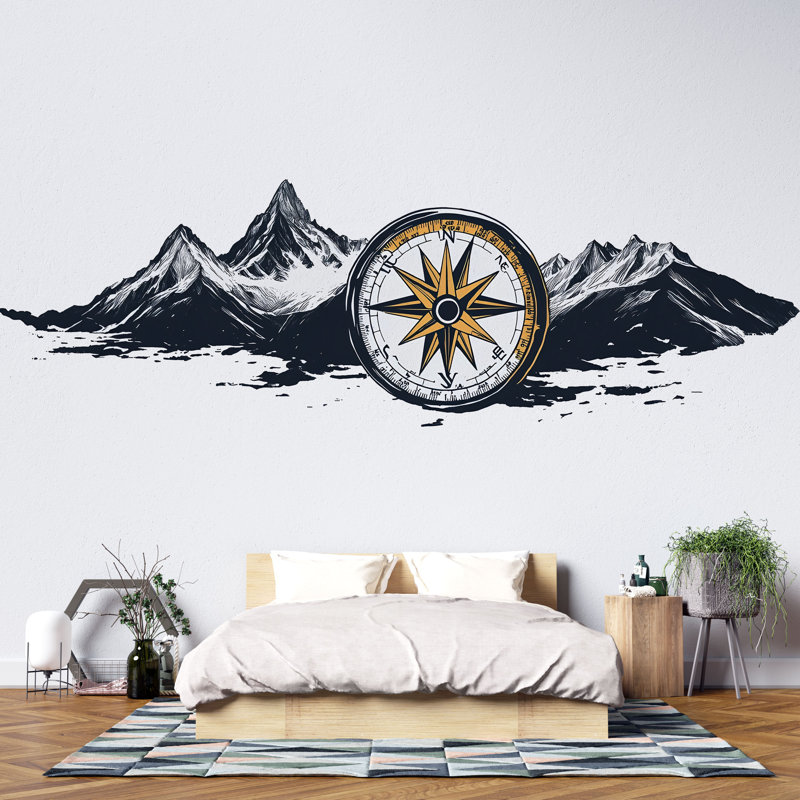 Autocollant mural montagne boussole, décalque chalet rustique, décoration murale aventure, art mural forêt montagne, autocollant de voyage explorateur 542MV