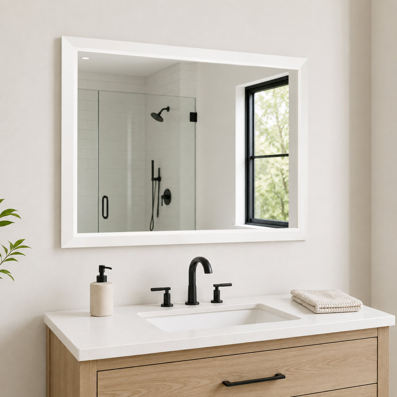 Miroir de salle de bain en verre trempé avec cadre en aluminium blanc et bord biseauté, 36" x 24"