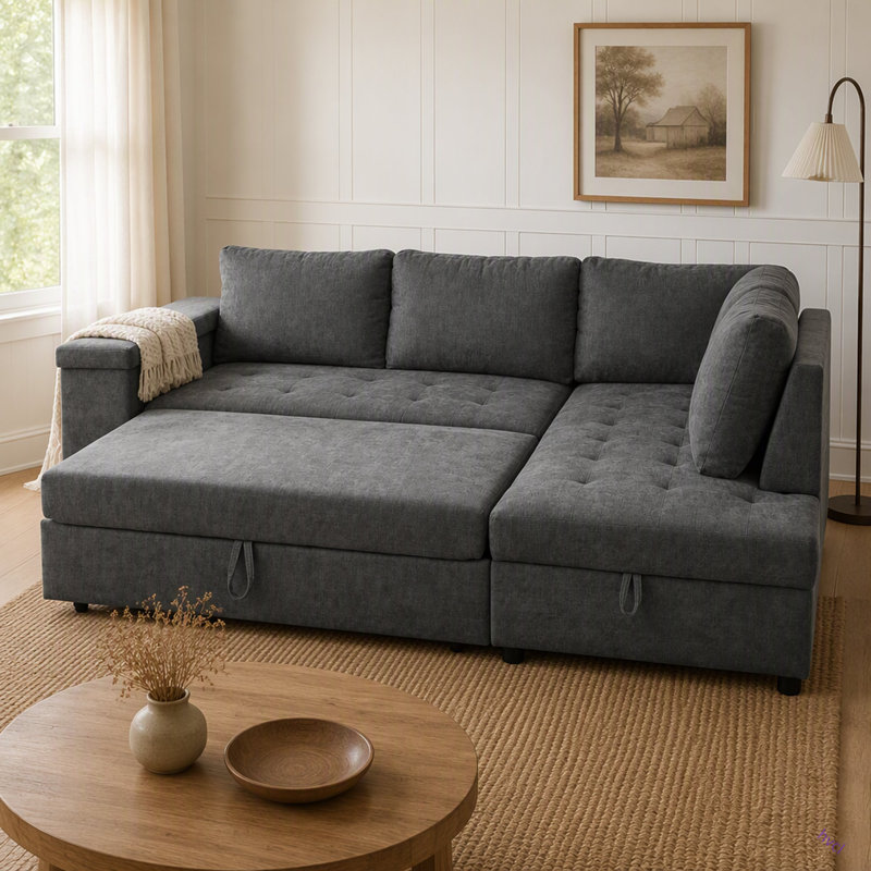 Canapé en L de 91,5 pouces avec lit escamotable et canapé-lit modulaire avec rangement caché, accoudoirs larges avec rangement, pour le salon, appartement, chambre à coucher, bureau