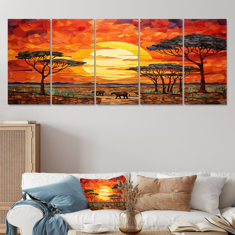 Savannah Sunset in African Safari Hues II - Boho Mosaic, art mural 5 pièces pour le salon, H 28 po x l 60 po