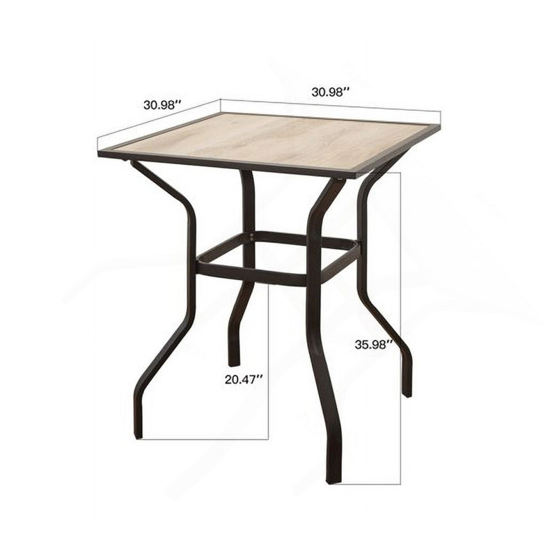 Square Metal Bar Table with Wood-Look Tabletop, Outdoor Patio Furniture for Garden Balcony Backyard Deck