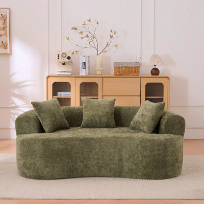 Canapé en forme de croissant de style moderne à dossier bas avec coussins profonds, comprenant un canapé à trois places rembourré de mousse qui ne nécessite aucun assemblage (tissu chenille vert)