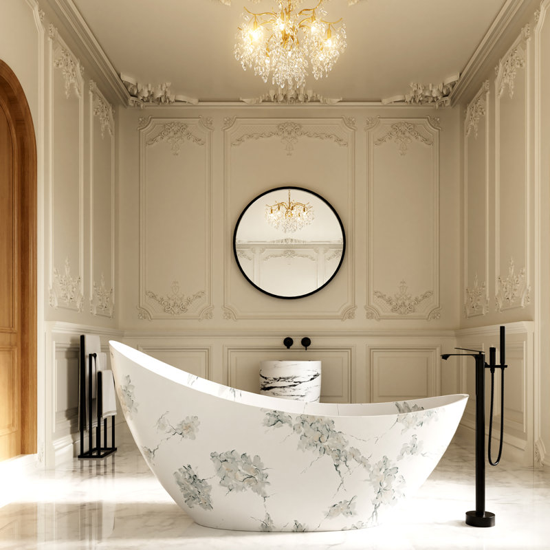 CASAINC 73"x 31" Freestanding Solid Surface Soaking Bathtub,Moon-Shaped with Marble Look