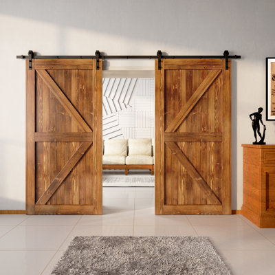 Porte en bois de pin K Design non assemblé avec quincaillerie d'installation rustique noire à deux portes