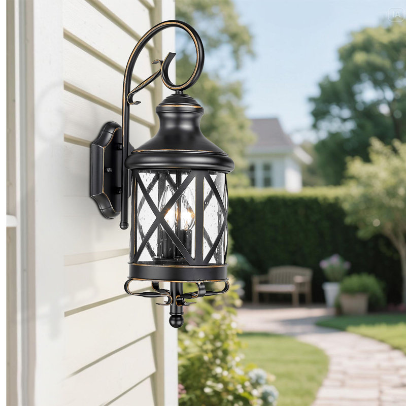 Industrial 21" Outdoor Wall Lantern, Matte Black Sconce With Seeded Glass,Wall Light For Porch, Entryway, Exterior Lighting