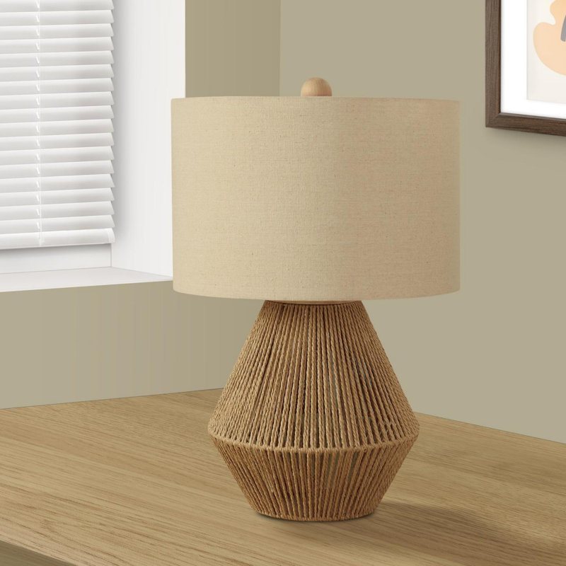 Lighting, H 22 po, lampe de table, corde brune, abat-jour beige, transitionnel