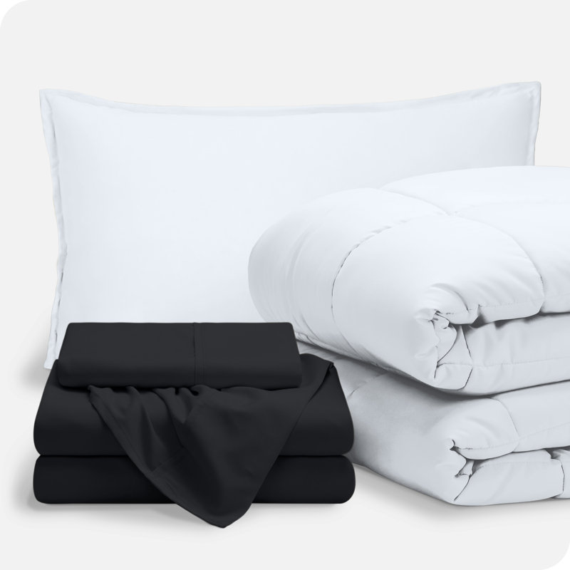 Lit dans un sac en microfibre 1800 de qualité supérieure 1800, Blanc / noir, Édredon simple TG et 4 pièces supplémentaires