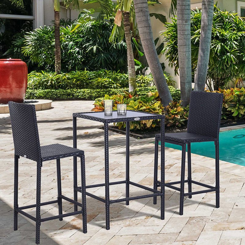 Ensemble de bar en rotin avec table en verre, 2 tabourets de bar pour l'extérieur, le patio, le jardin, la piscine, la cour