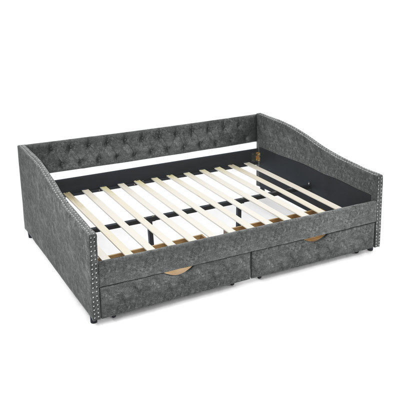  Daybed With Drawers Upholstered Tufted Sofa Bed, With Button On Back And Copper Nail On Waved Shape Arms, Queen, Grey