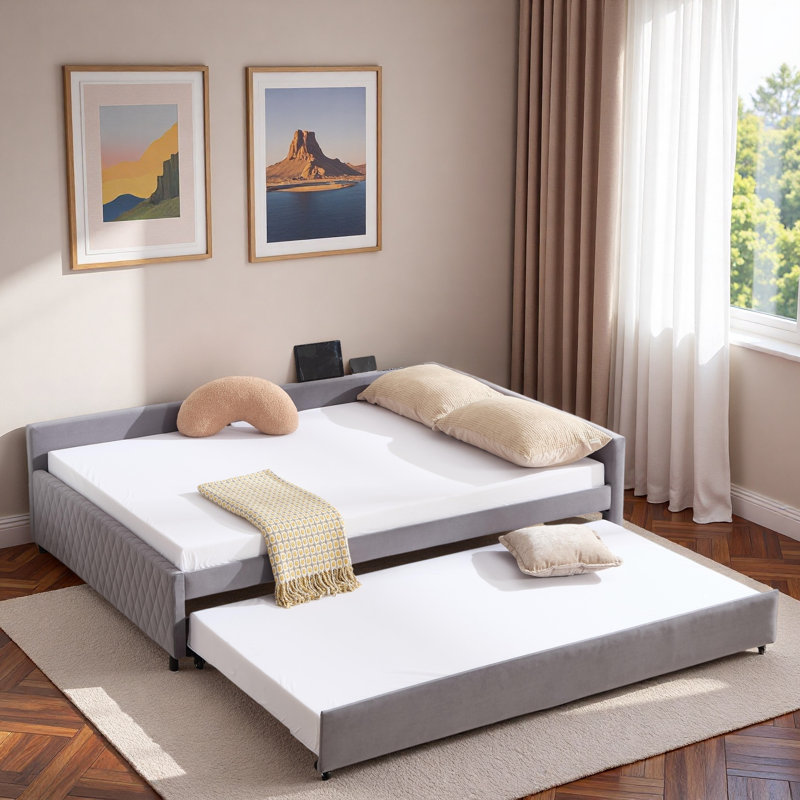 Upholstered Daybed With Trundle And Usb, Gray