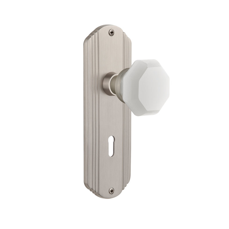 Deco Plate with Decorative Keyhole and Waldorf White Milk Knob, Satin Nickel, 2-3/4”