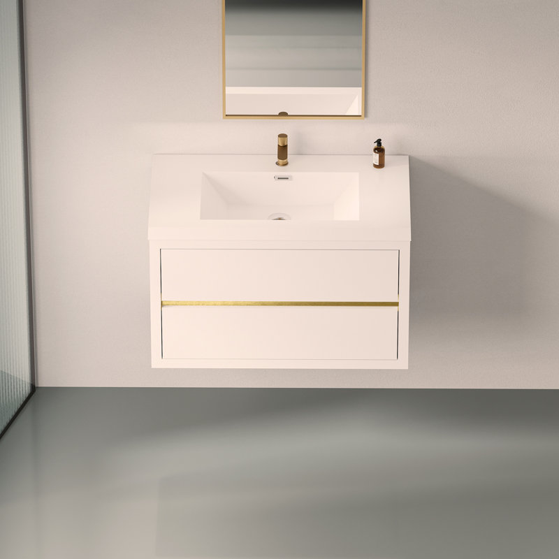 Meuble-lavabo mural 36 po avec lavabo, meuble de rangement flottant pour salle de bain avec comptoir en résine de pierre et tiroirs