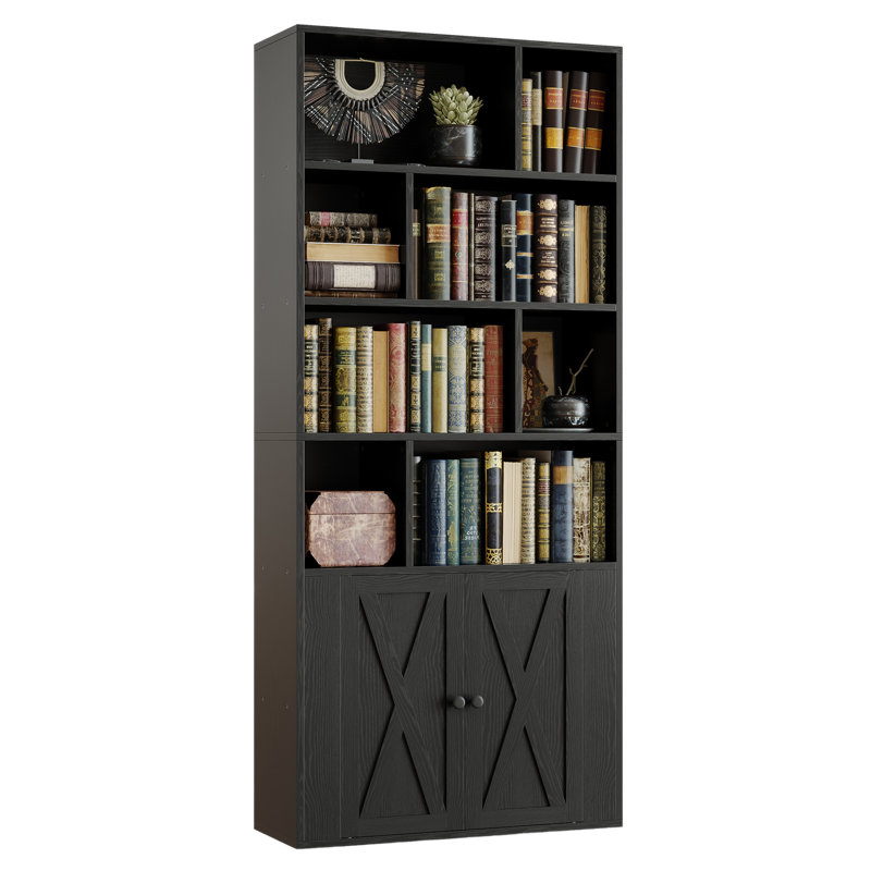 Bookcase 6 Tiers with Doors and Cube Storage for Home Office, Black