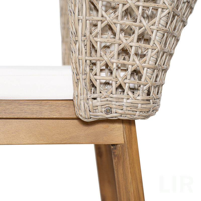 Outdoor Acacia Wood Bar Stools (4 PCS), Teak Finish Bar Height Chairs With Beige Cushion & Light Brown Wicker Back, Counter Height Stools For Patio, Poolside, Kitchen Island, Chair