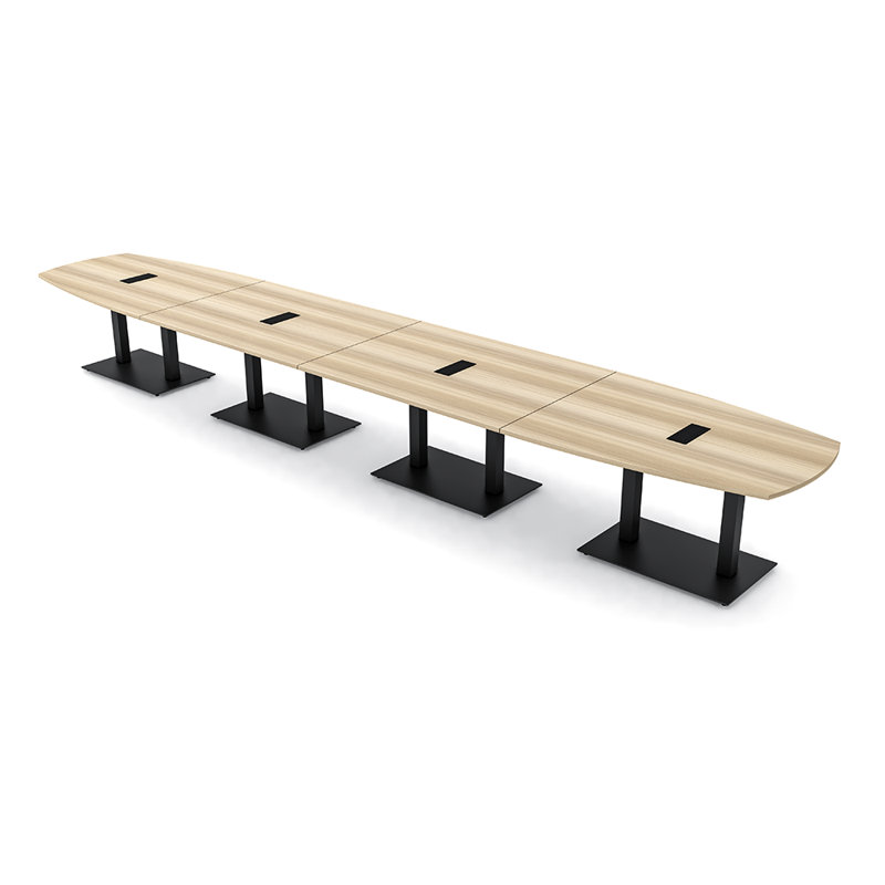 Table de réunion Arc-Boat avec base en métal double 2 modules de puissance et de données, Noir mat, Blond blond cendré