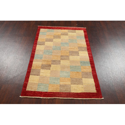 Tapis rouge / beige en laine noué à la main de conception unique 3 pi 1 po x 5 pi New Age