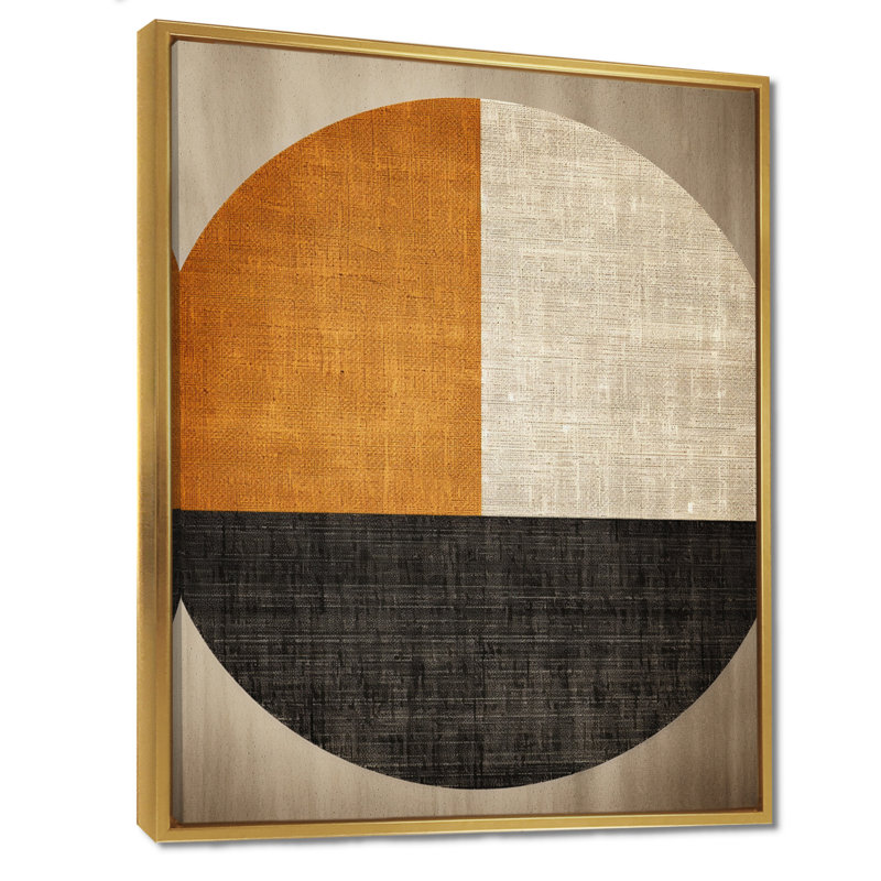 Formes géométriques orange et noires - Collages abstraits, art mural, Cadre flottant doré, H 32 po x l 24 po x P 1 po