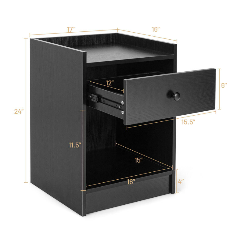 Wooden Nightstand with Drawer Cabinet End Side Table Raised Top, Set of 2, Black