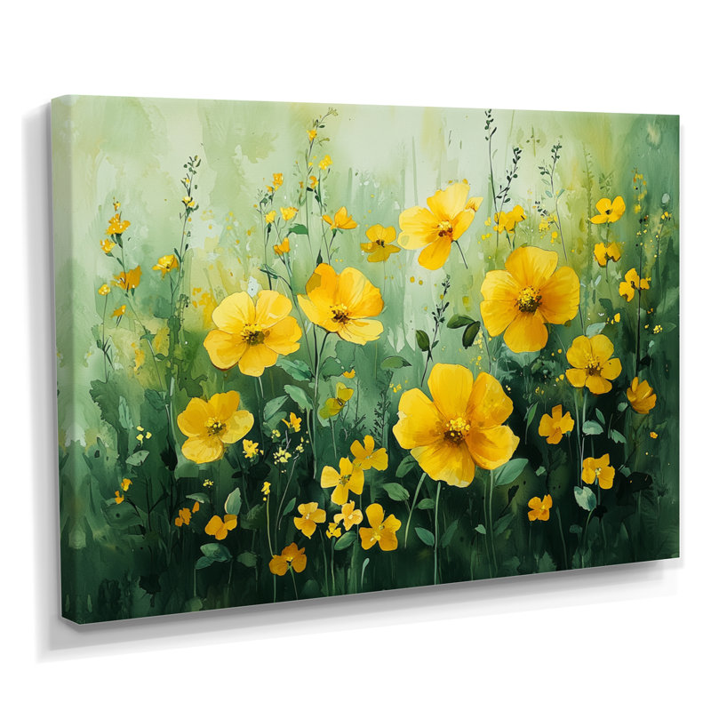 Ilonca Summers Wildflowers in Greens And Yellows Tones IV - Art mural de fleurs sauvages pour le salon, H 24 po x l 32 po